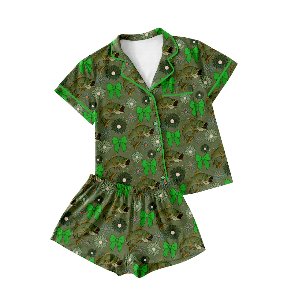 Preorder(moq 5)Adult Women Fishing Bows Lapel Button Tee Shirts Shorts Pajamas Sets