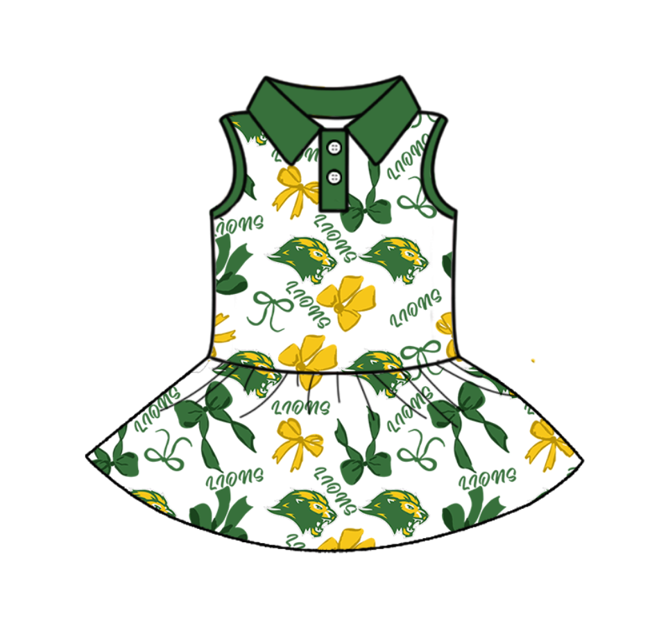 Split Preorder July 21th Baby Girls Team Sleeveless Bows Plaid Lions Button Knee Length Dresses