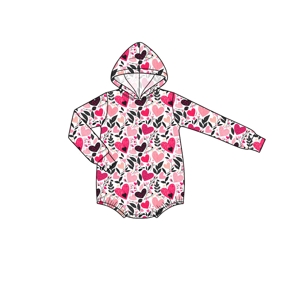 Preorder moq 5 Baby Girls’ Fall Valentine’s Day Pink Heart Long-Sleeve Hooded Romper