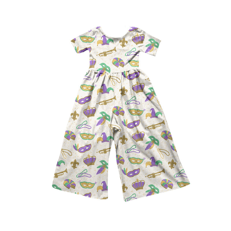Preorder (moq 5) Baby Girl Clothes Mardi Gras Mask Crown Print Short Sleeve Wide Leg Jumpsuit