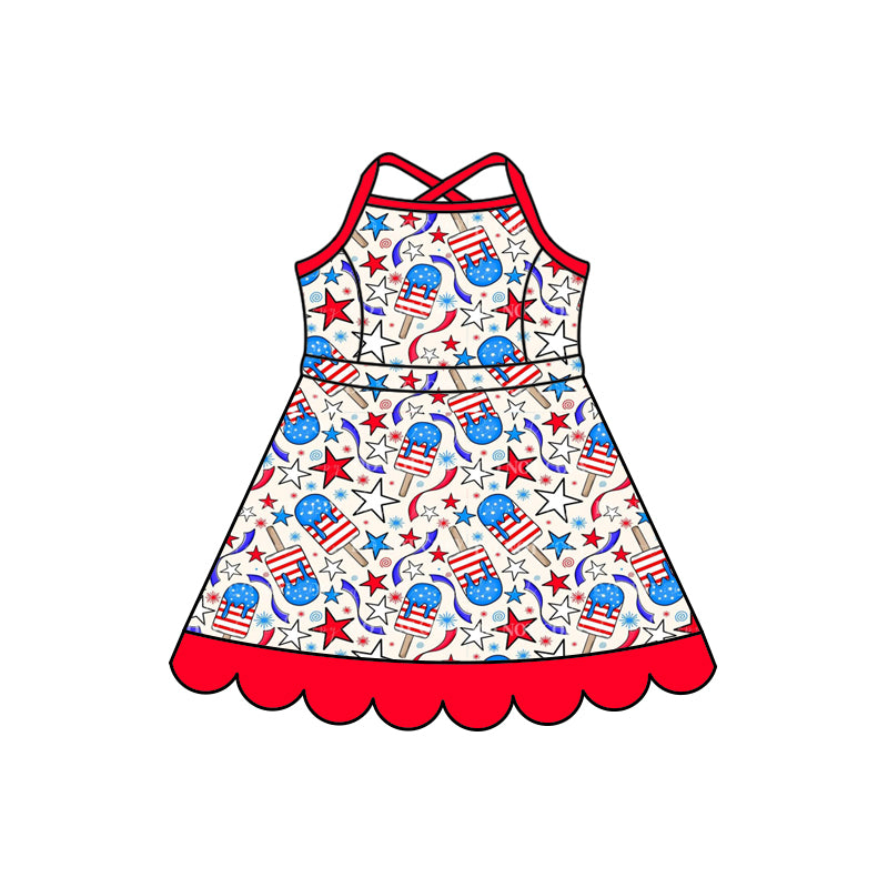 Preorder (moq 5)Baby Girls Strap Flag Stars Popsicle 4th of July Scallop Knee Length Dress