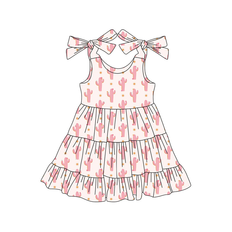 Preorder (moq 5)Baby Girls Bows Strap Pink Cactus Polka Dots Ruffle Knee Length Dresses