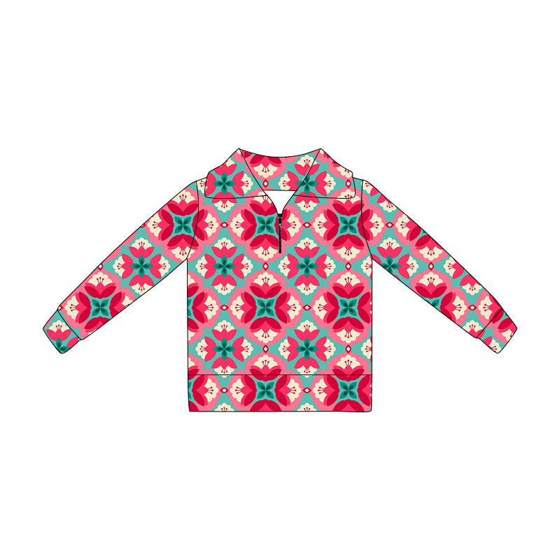 Preorder(moq 5) Baby Girls Long Sleeve Red Flowers Checked Zipper Pullovers Top