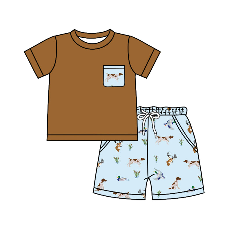 Preorder (moq 5)Baby Boys Brown Short Sleeves Pocket Top Blue Deer Ducks Dogs Short Set