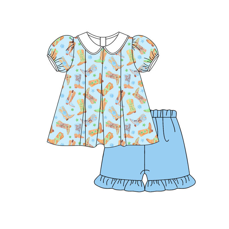 Preorder (moq 5)Baby Girls Floral Boots Stars Collar Tunic Ruffle Shorts Western Clothes Sets