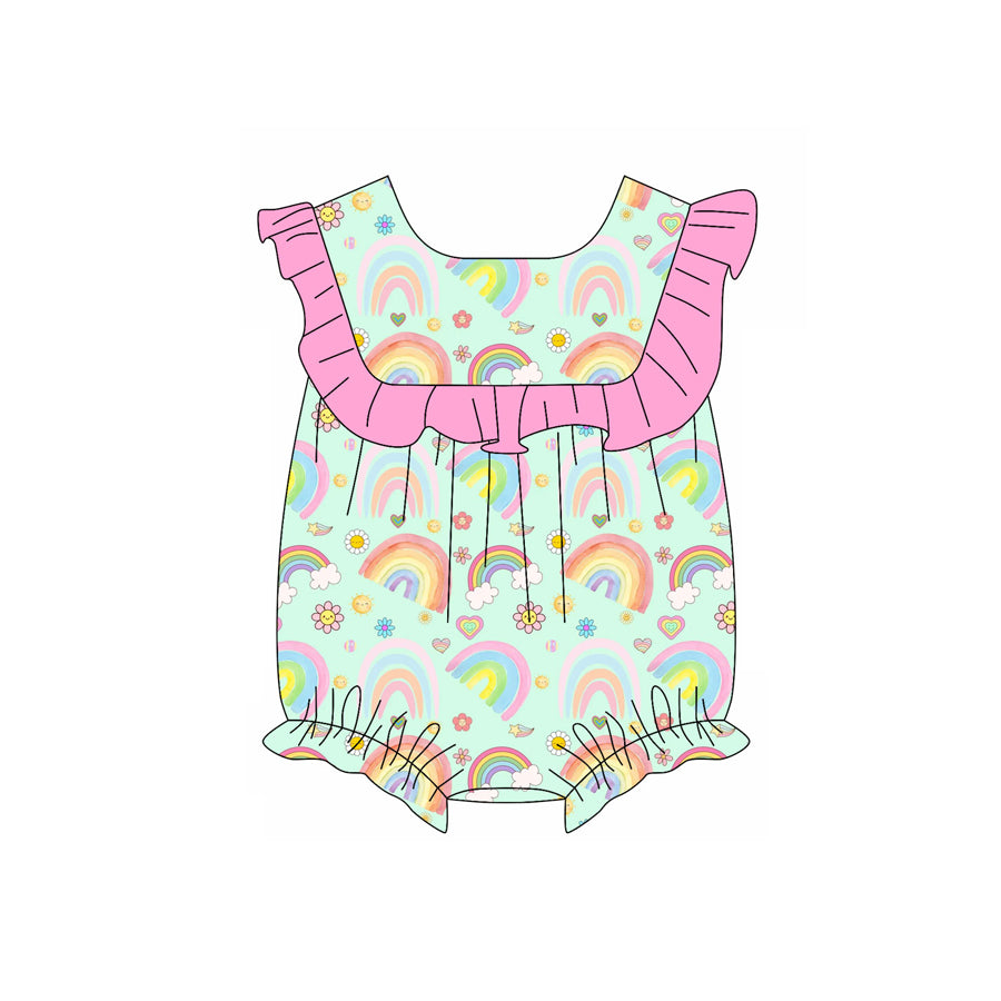 Preorder (moq 5)Baby Girls Rainbow Flower Hearts Valentines Ruffle Rompers