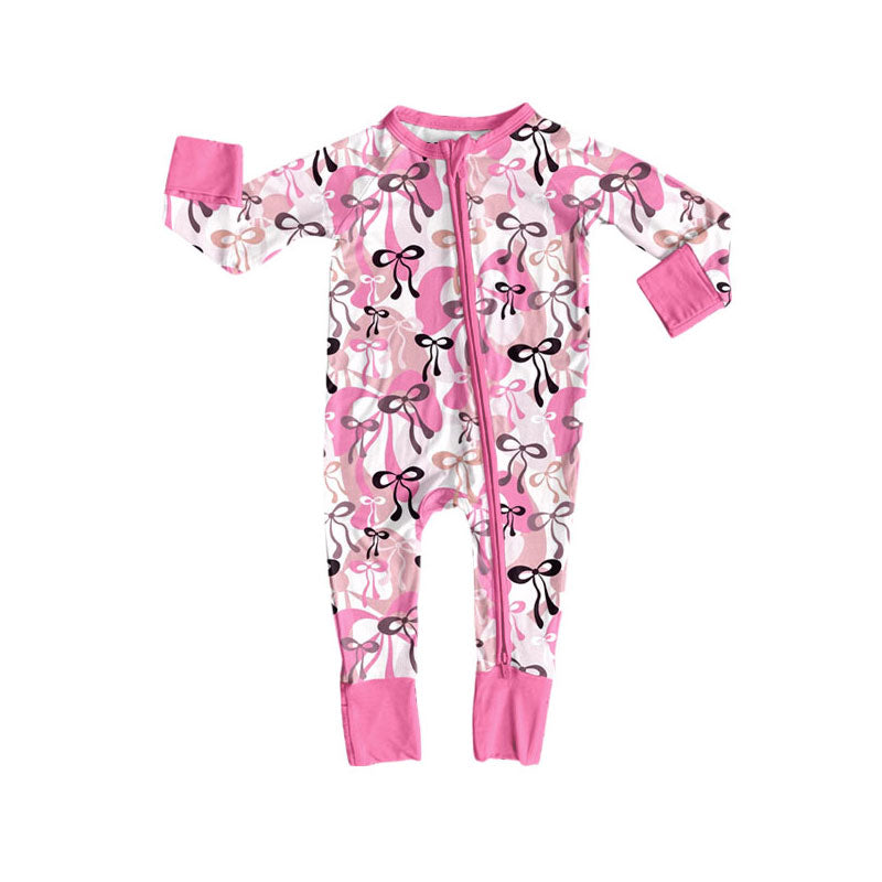 Preorder (moq 8)Baby Girls Pink Black Bows Plaid Zipper Footie Rompers