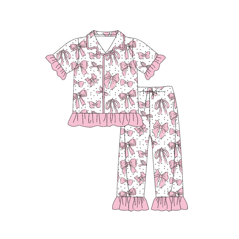 Preorder (moq 5)Baby Girls Bows Polka Dots Button Top Ruffle Pant Pajamas Sets