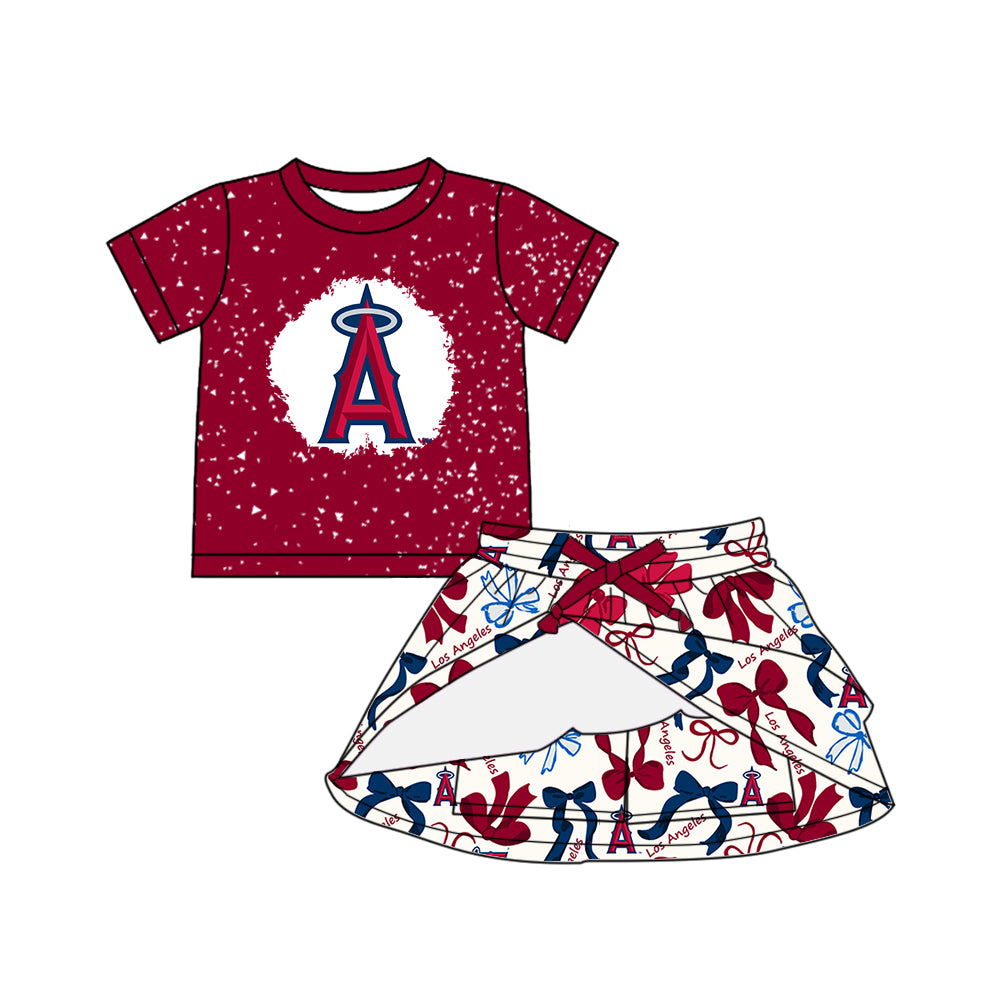 Preorder (moq 5)Baby Girls Red Short Sleeves A Top Bows Plaid Skorts Team Set
