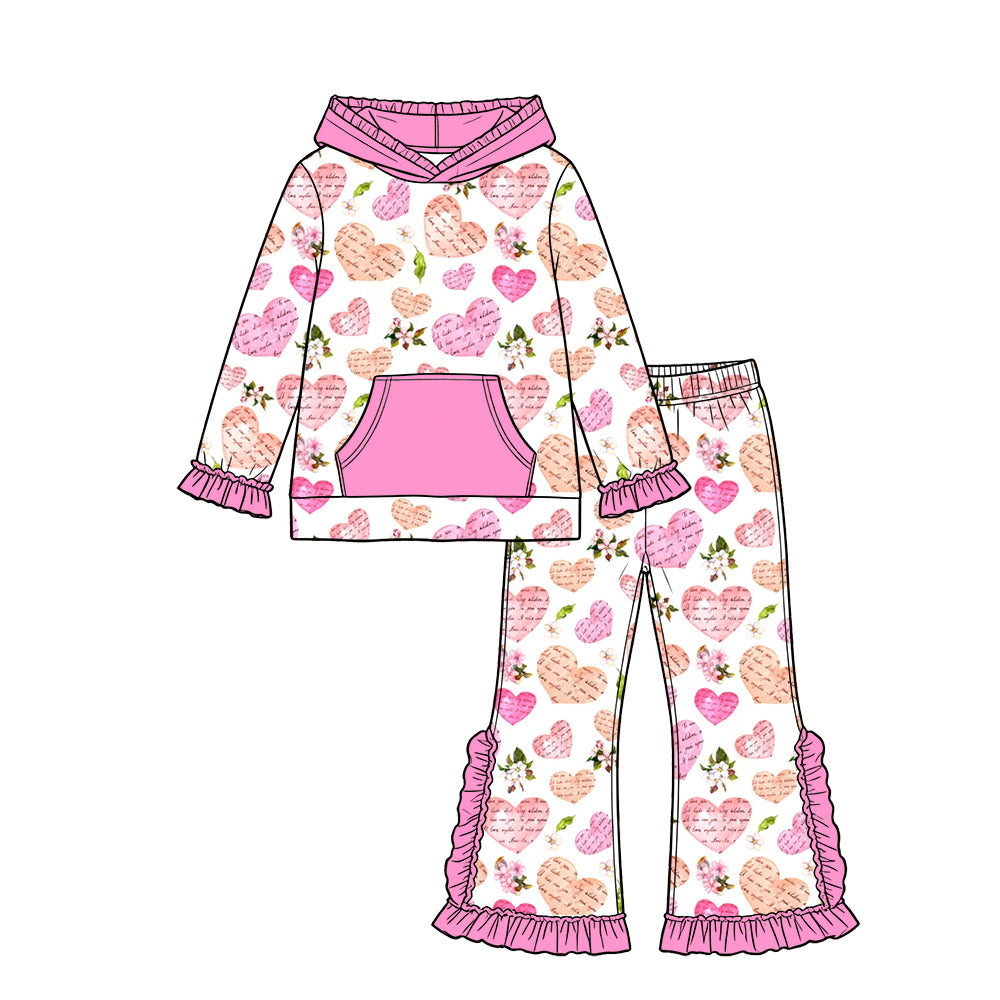 Preorder (moq 5) Baby Girl Clothes Vintage Valentine Heart Floral Print Long Sleeve Hoodie Flare Pant Set