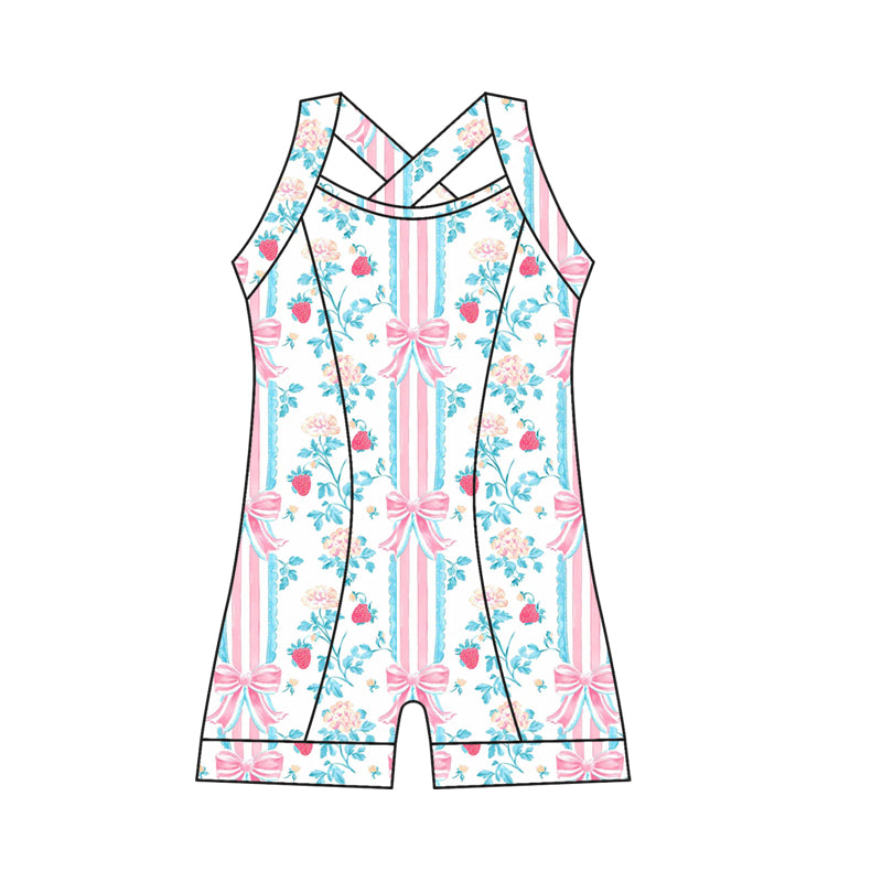 Preorder moq 10 Baby Girls Strap Floral Bow Stripe Activity Wear Yoga Jumpsuits
