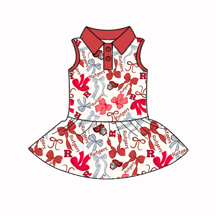 Preorder (moq 5)Baby Girls Red Sleeveless Rutgers Bows Plaid Button Team Knee Length Dresses