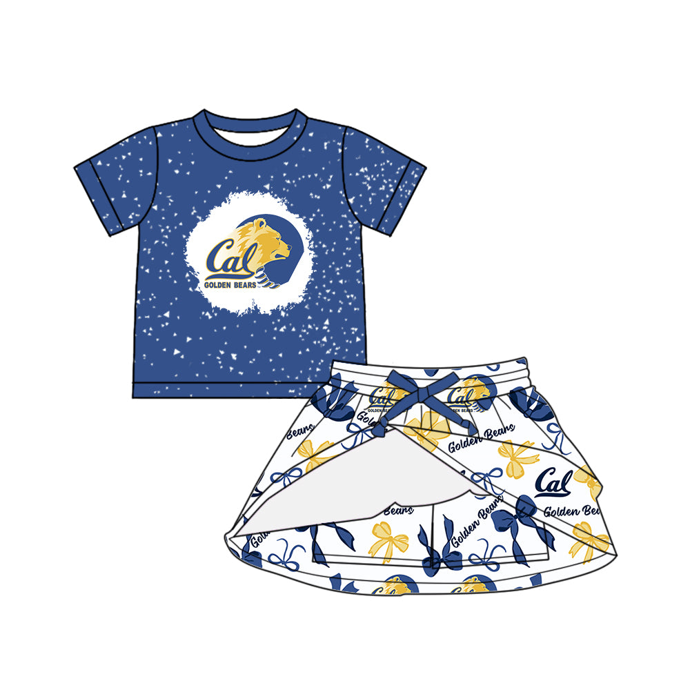 Preorder (moq 5)Baby Girls Blue Short Sleeves Golden Bears Top Bows Plaid Skorts Team Set