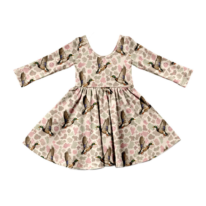 Preorder (moq 5) Baby Girl Clothes Mallard Duck Pink Cow Print Long Sleeve Twirl Dress