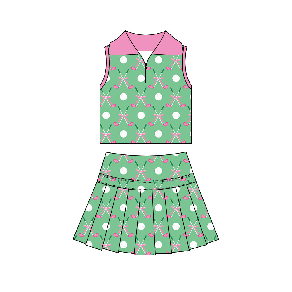 Preorder (moq 5)Baby Girls Sleeveless Golf Zip Top Pleated Skirt Short Clothes Sets