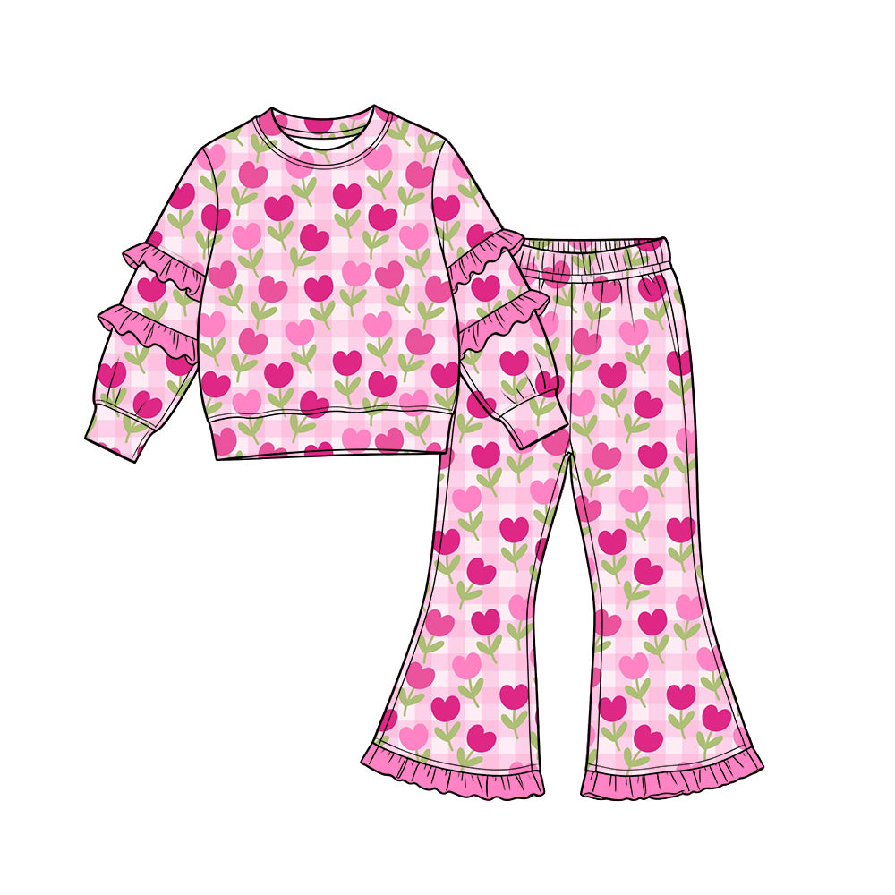 Preorder (moq 5) Baby Girl Clothes Gingham Tulip Heart Allover Print Long Sleeve Tiered Ruffle Top Ruffle Flare Pant Set