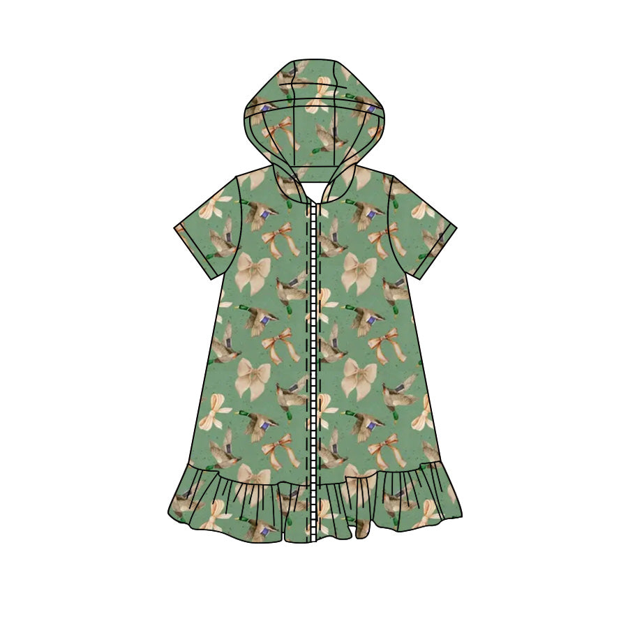 Preorder moq 5 Baby Girls Short Sleeve Green Bows Ducks Fall Zip Ruffle Knee Length Dress