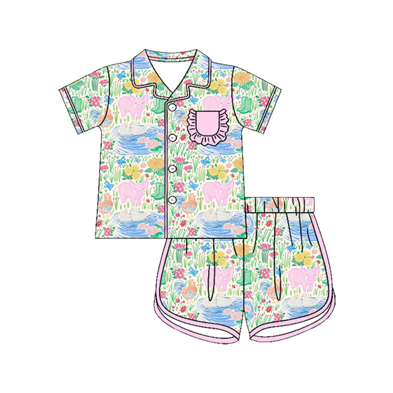 Preorder (moq 5)Baby Girls Colorful Flower Pigs Button Pocket Top Short Farm Pajamas Sets
