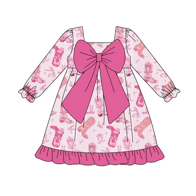Preorder(moq 8)Baby Girls Pink Boots Bows Ruffle Knee Length Dresses