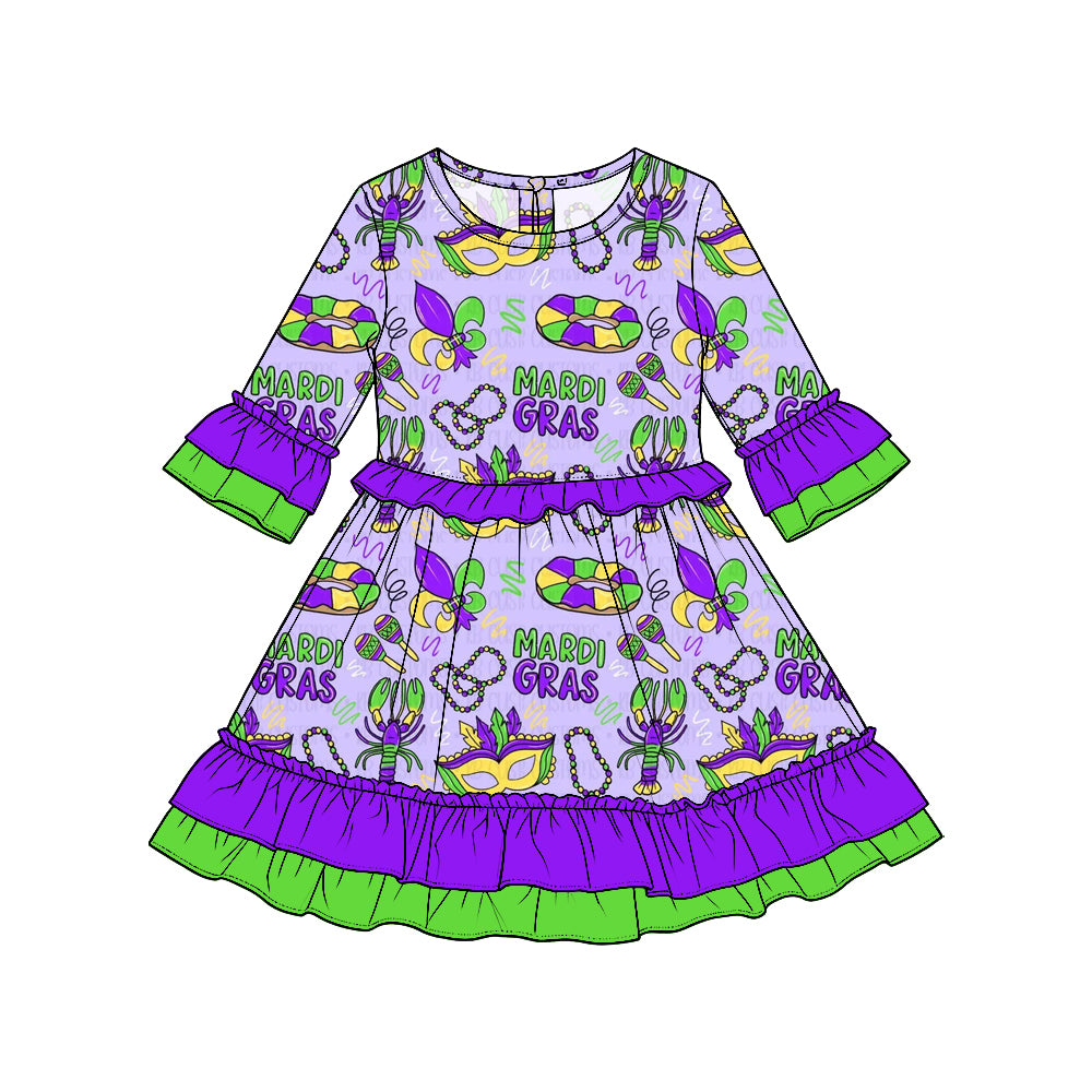 Preorder moq5 Girls’ Carnival Ruffle Long-Sleeve Dress, Purple Green & Gold Crawfish Mask Print Holiday Party Dress