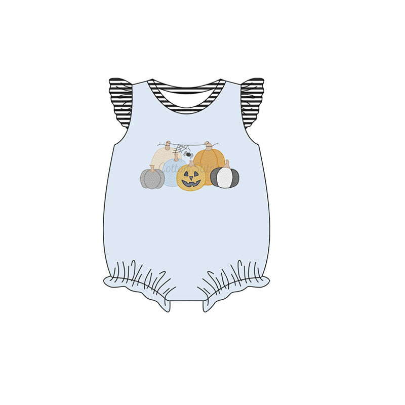 Preorder (moq 5)Baby Girls Blue Flutter Sleeves Ghost Pumpkins Ruffle Rompers