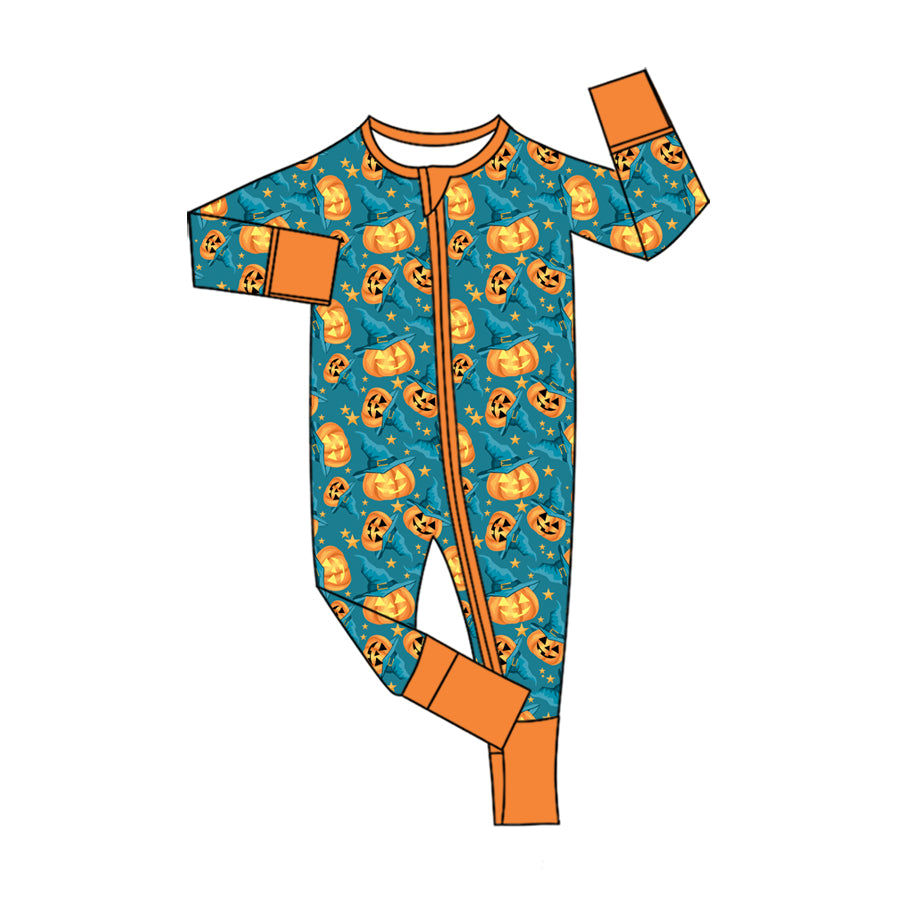 Preorder (moq 5)Baby Boys Ghost Pumpkins Halloween Two Way Zip Convertible Rompers