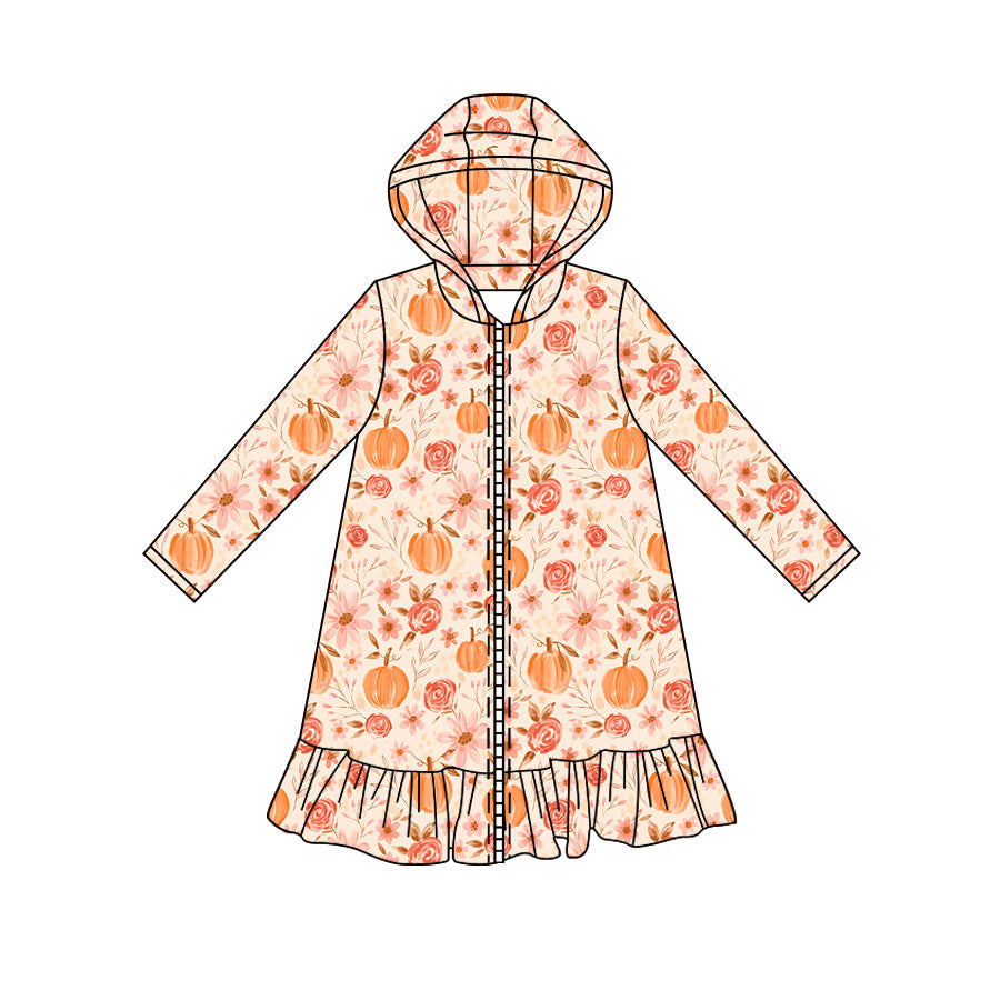 Preorder moq 5 Baby Girls Long Sleeve Flowers Pumpkins Fall Zip Ruffle Knee Length Dresses