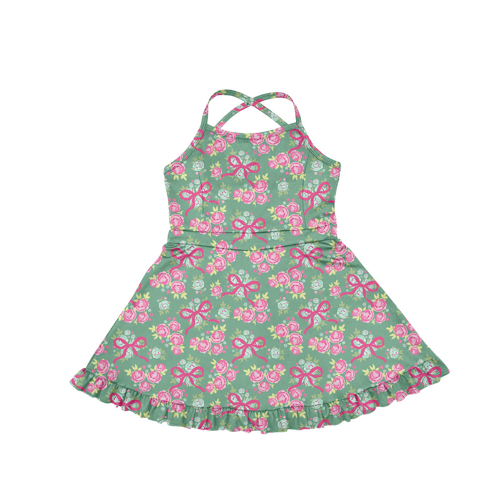 Preorder (moq 5)Baby Girls Green Strap Bows Flowers Activity Wear Yoga Ruffle Knee Length Dresses