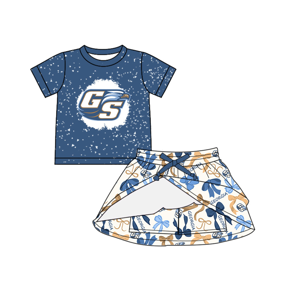 Preorder (moq 5)Baby Girls Hot Blue Short Sleeves GS Top Bows Plaid Skorts Team Set