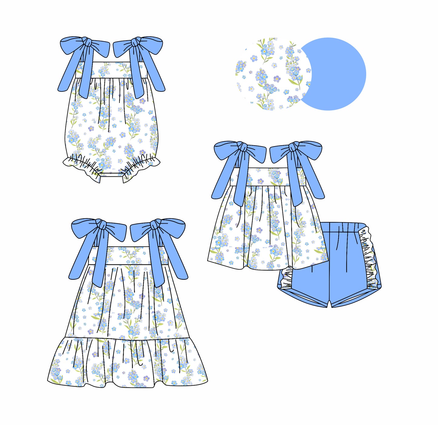 Preorder moq 5 Custom Baby Girls Blue Bows Strap Floral Tunic Ruffle Short Set Knee Length Dress And Rompers