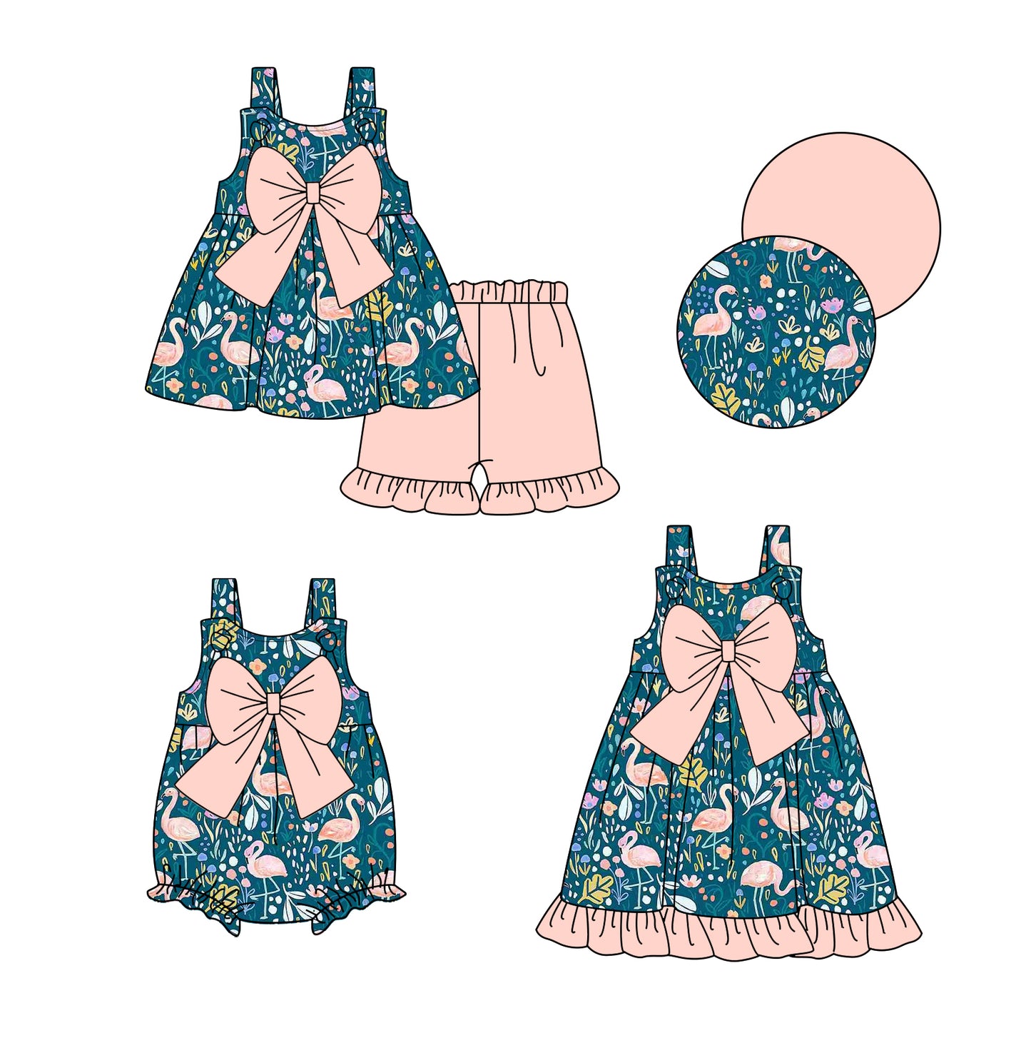 Preorder moq 5 Custom Baby Girls Goose Flowers Tunic Ruffle Short Set Knee Length Dress Rompers