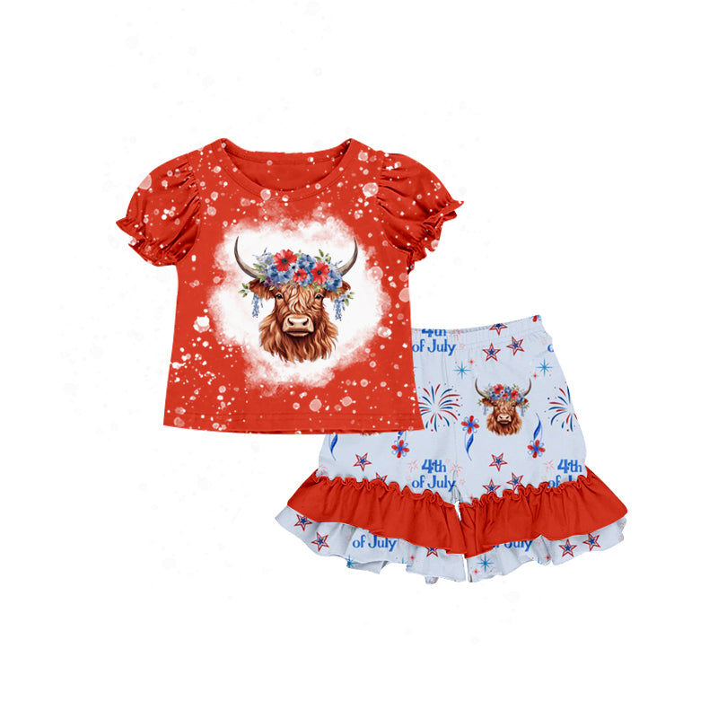 Baby Girls Highland Cow Shirt Ruffle Shorts Clothes Sets preorder(moq 5)