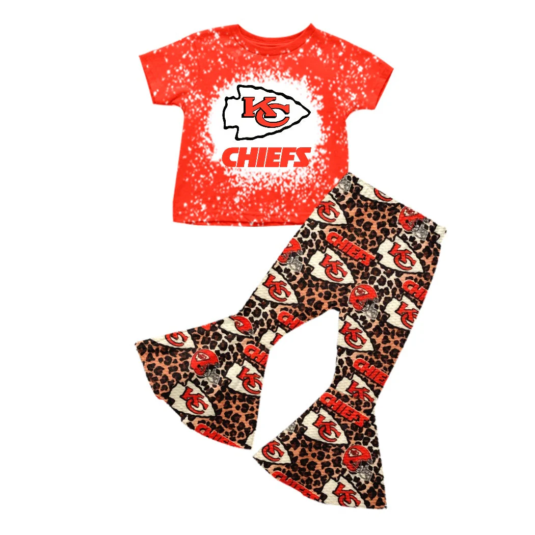 Preorder moq 5 Baby girls Chiefs team shirt bell bottom pants sets