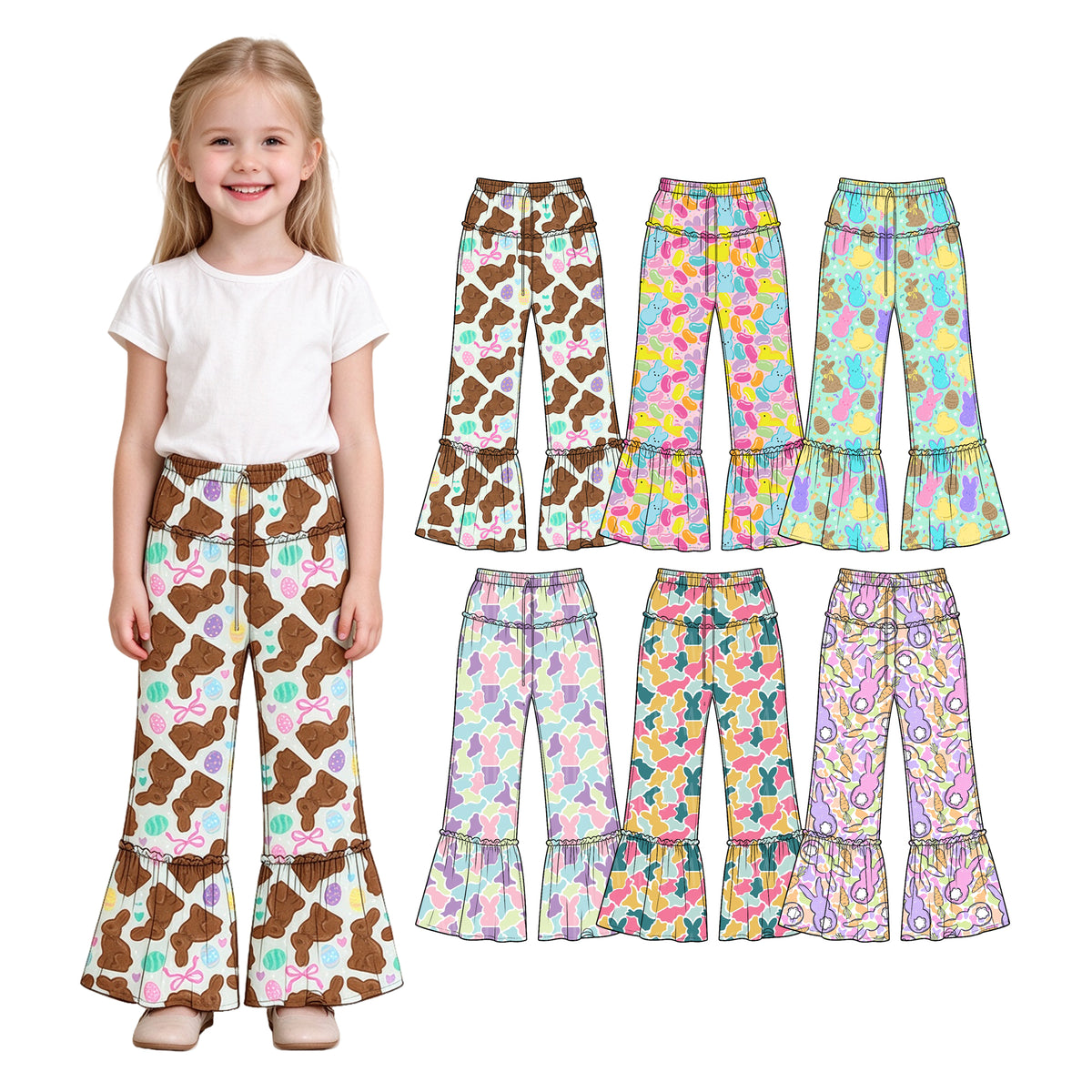 Preorder (moq 5) Baby Girl Clothes Easter Bunny Chick Egg Cookie Print Ruffle Waist Ruffle Hem Flare Pants