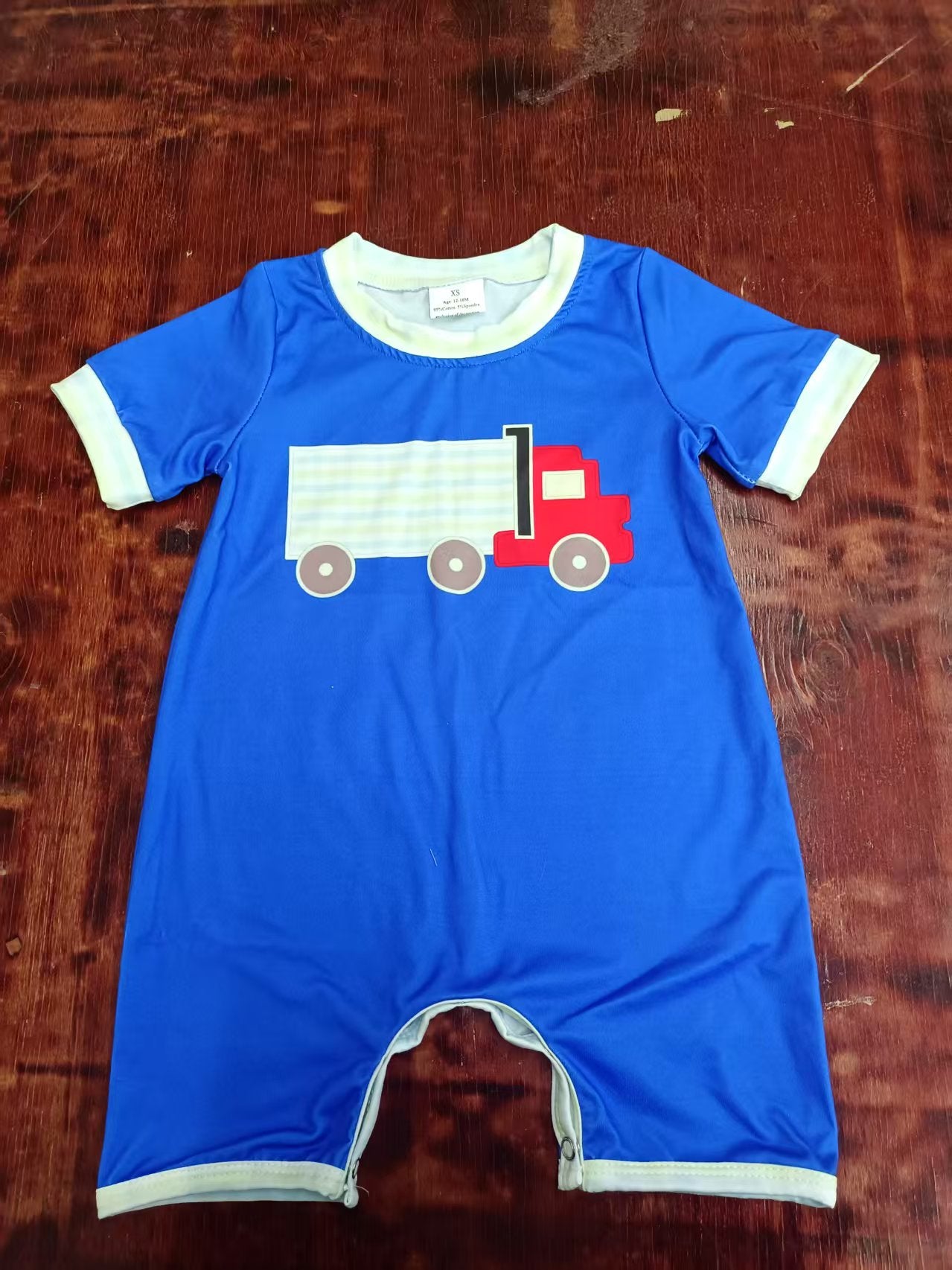 Preorder moq 5 Baby Boys Blue Short Sleeves Fire Truck Rompers