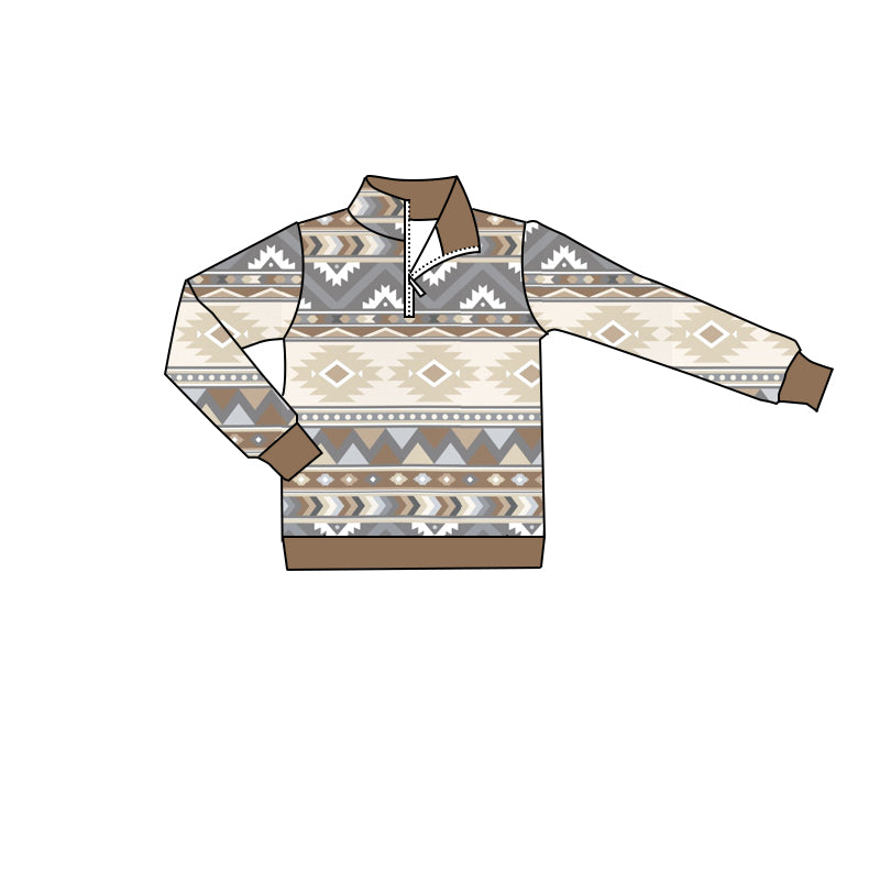 Baby Boys Western Grey Aztec Long Sleeve Zip Pullovers Tops Preorder(moq 5)