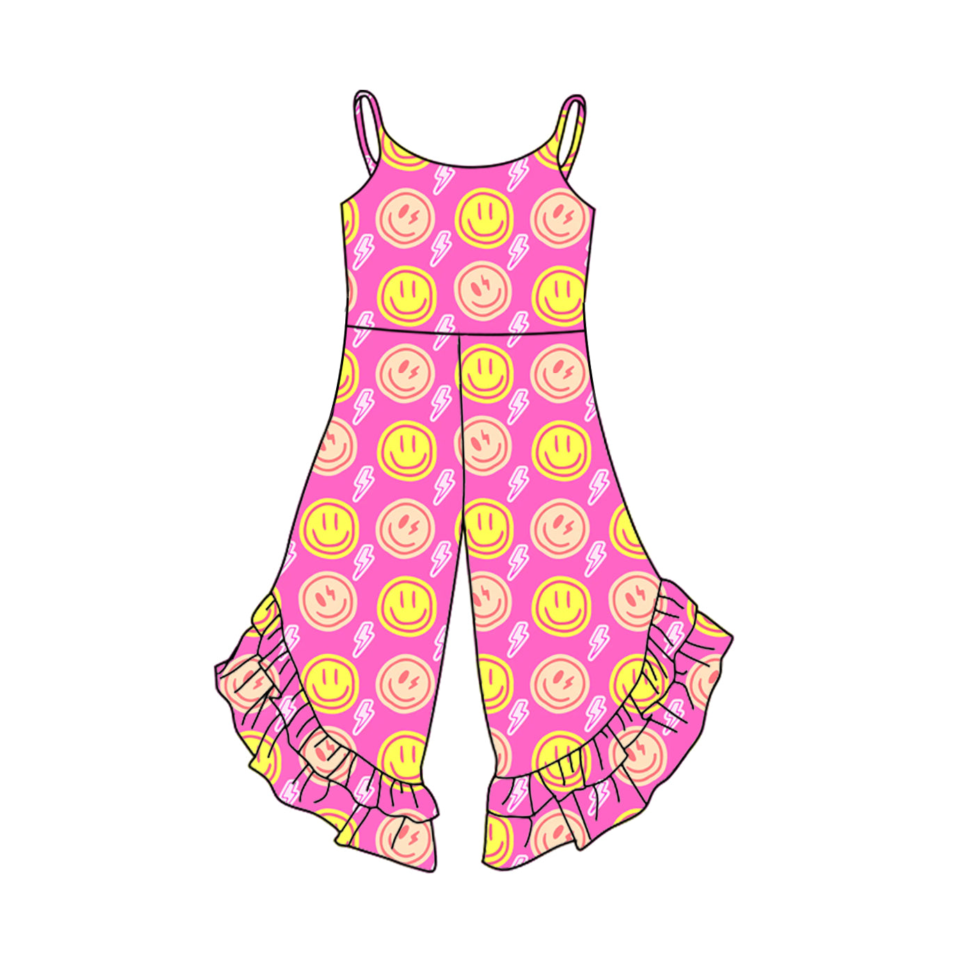 Preorder (moq 5)Baby Girls Pink Strap Yellow Smiles Bell Bottom Ruffle Jumpsuits Preorder