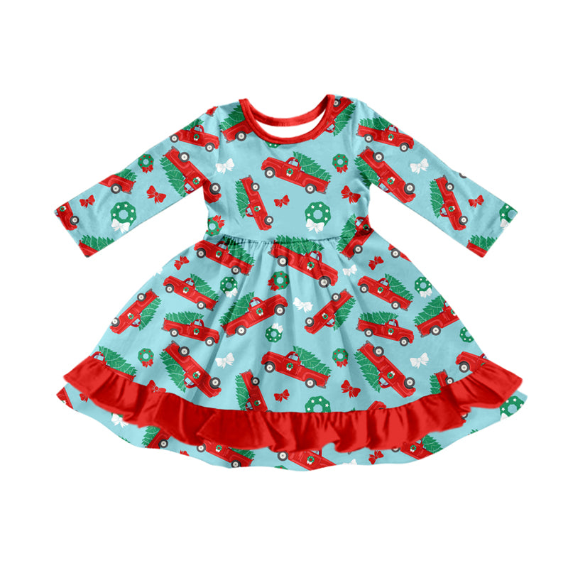 Preorder (moq 5)Baby Girls Christmas Trucks Bows Ruffle Knee Length Dresses