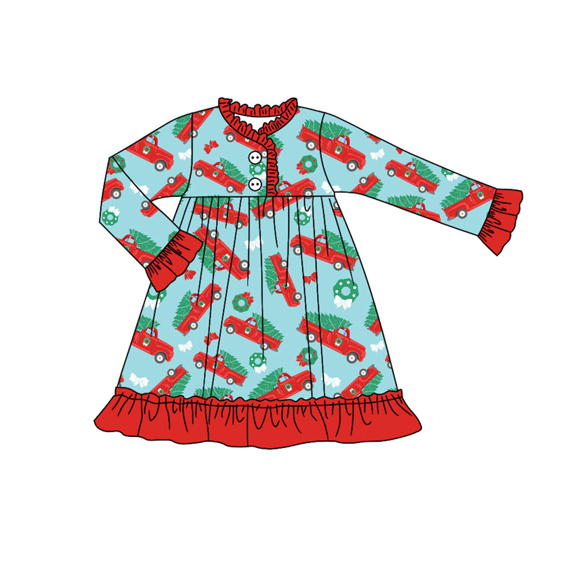 Preorder (moq 5)Baby Girls Christmas Trucks Bows Ruffle Knee Length Gowns Dresses
