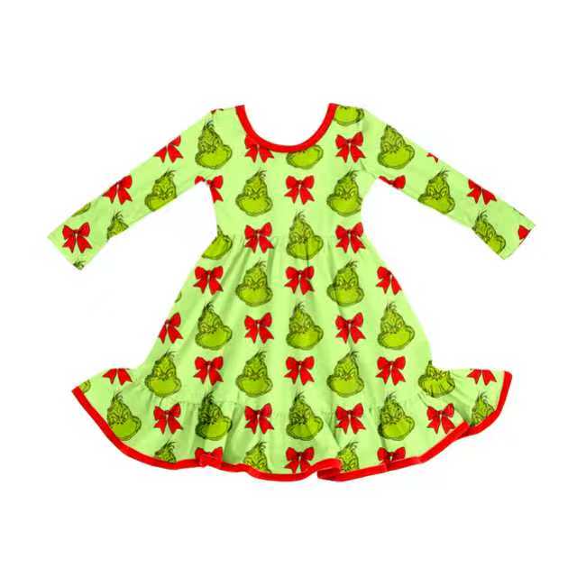 Preorder (moq 5)Baby Girls Green Face Bows Christmas Ruffle Long Sleeves Knee Length Dresses