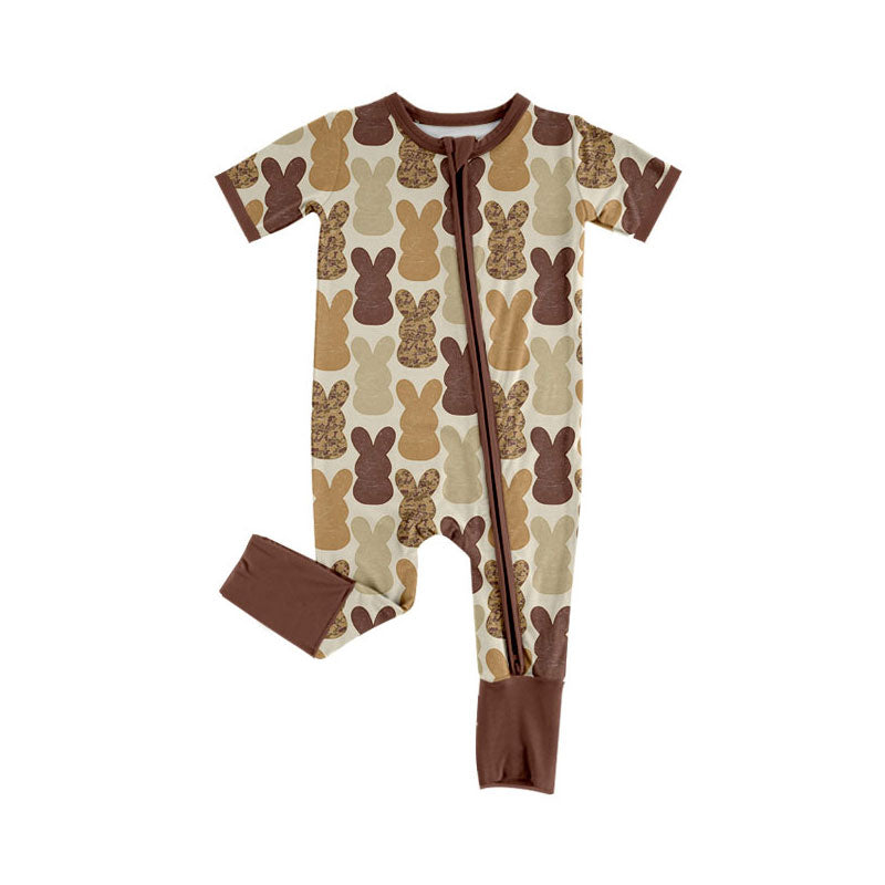 Preorder (moq 5)Baby Boys Khaki Camo Rabbits Plaid Easter Zipper Footie Rompers