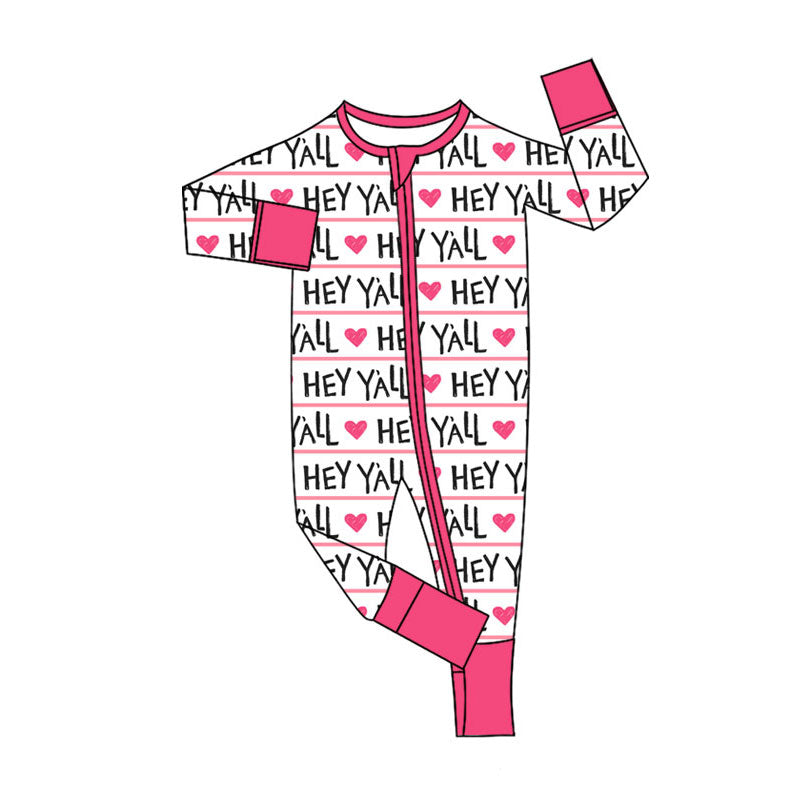 Preorder (moq 5)Baby Girls Pink Hearts Hey Y'all Valentine Zipper Footie Rompers