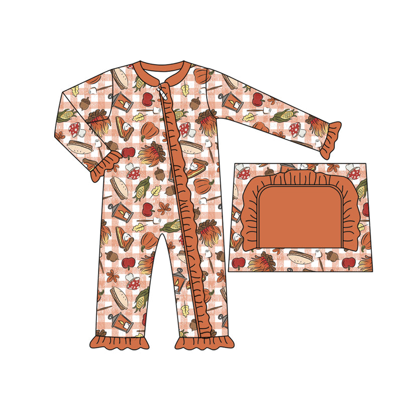 Preorder moq 5 Baby Infant Girls Long Sleeves Brown Plaid Pie Pumpkins Ruffle Zipper Romper