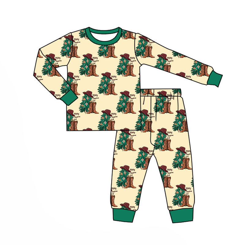 Preorder (moq 5)Baby Boys Merry Christmas Trees Boots Checked Top Pants Pajamas Set