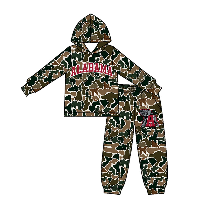 Preorder (moq 5) Baby Boy Clothes Alabama Team Dark Green Camo Print Long Sleeve Hoodie Jogger Pant Set