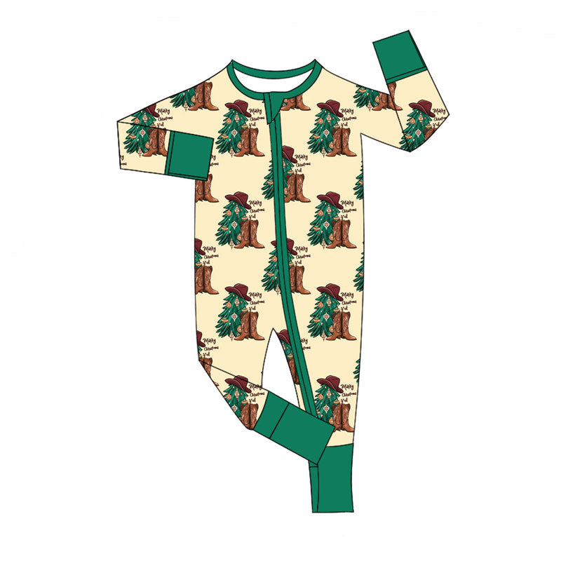 Preorder (moq 5)Baby Boys Merry Christmas Trees Boots Checked Zipper Footie Rompers