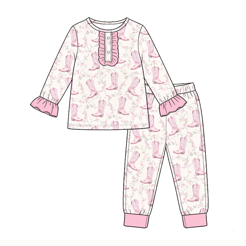 Pre-order(moq5) Girls Clothes High-Quality Cute Print Ruffle Long Sleeve 2 Piece Pajama Set