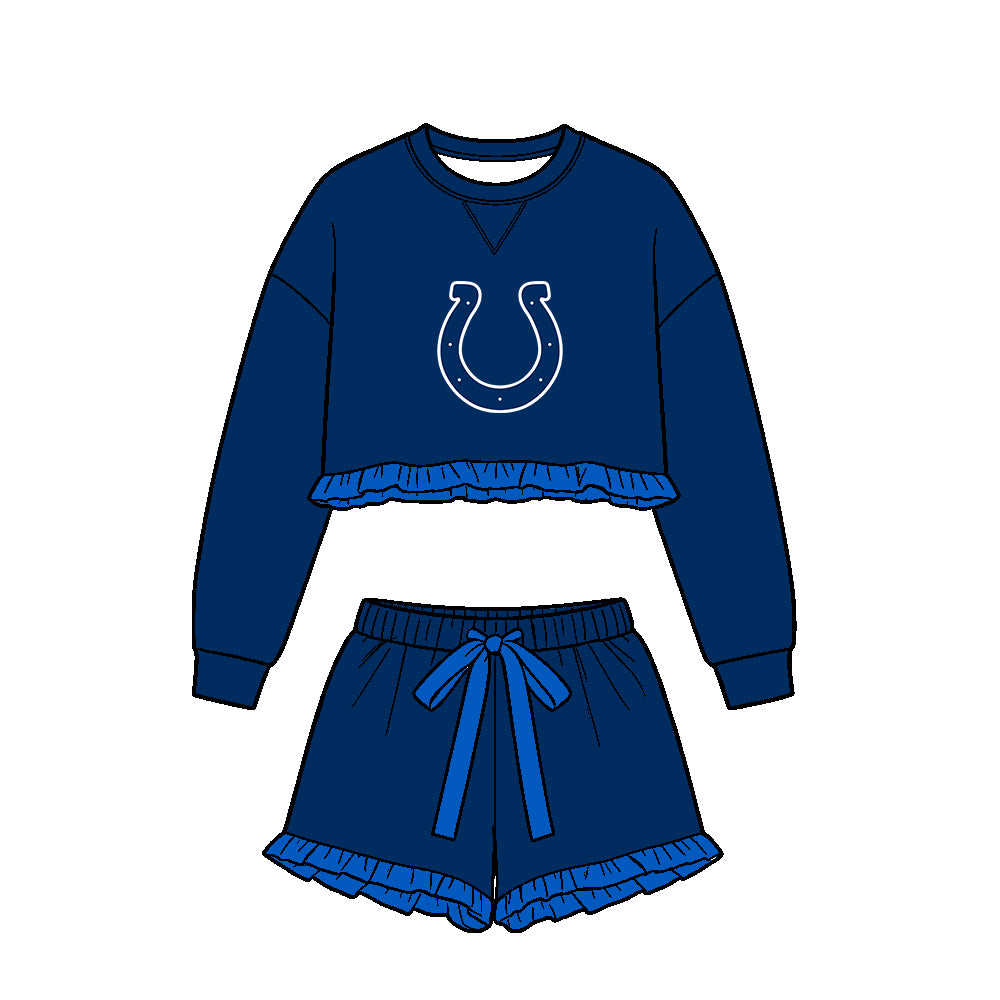 Preorder (moq 5)Baby Girls Navy Long Sleeve Colts Top Ruffle Short Team Clothes Set