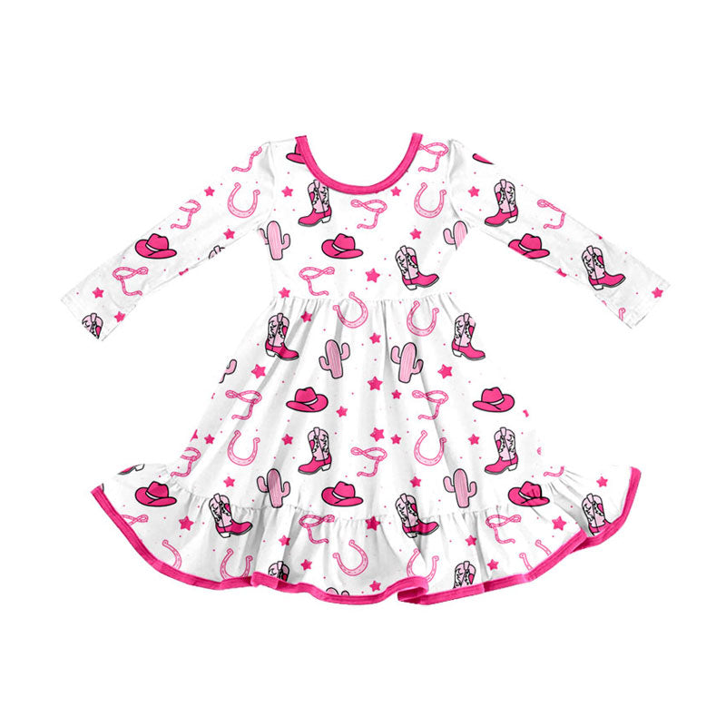 Preorder(moq 8)Baby Girls Pink Hats Boots Cactus Western Ruffle Knee Length Dresses
