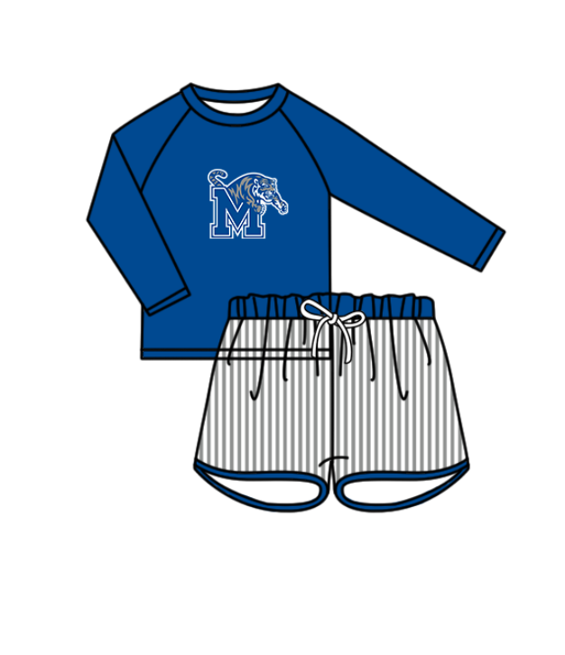 Preorder moq 5 Baby Boys Blue M Tigers Long Sleeve Top Stripe Shorts Team Swimsuits